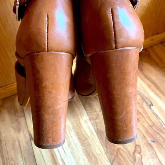 Lauren Ralph Lauren 7-1/2 camel leather high heel open toe buckle ankle booties - Picture 6 of 11